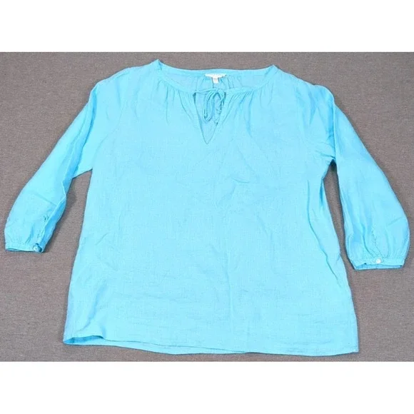 Eileen Fisher Irish Linen Tunic Blue Split Top Neck Tie 3/4 Sleeve Womens PM - Picture 4 of 15